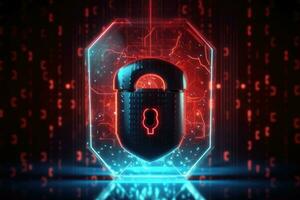 Cyber security concept. Shield padlock with keyhole on circuit board background, neon lights background photo