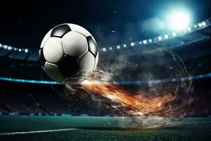 Soccer ball in fire flames on the background of the stadium. photo