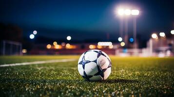 Soccer ball on green grass of football stadium at night with lights photo