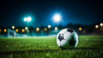 Soccer ball on green grass of football stadium at night with lights photo