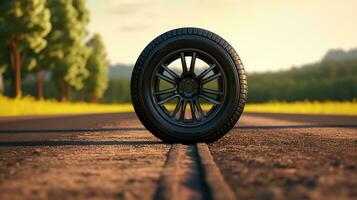 car wheel on asphalt road in the forest. photo