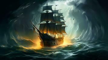 Sailing ship in stormy sea. photo