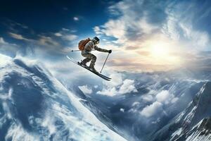 Skier skiing downhill in high mountains at sunset photo