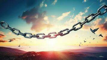 Conceptual image of broken chain against blue sky with white clouds photo
