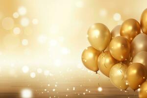 Golden balloons with golden bokeh background, birthday celebration background photo