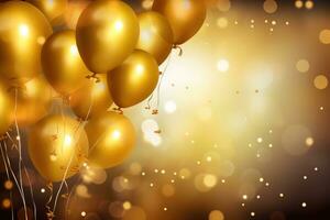 Golden balloons with golden bokeh background, birthday celebration background photo