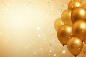 Golden balloons with golden bokeh background, birthday celebration background photo