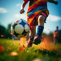 niño jugando fútbol americano en el campo. pequeño chico pateando un fútbol pelota. foto