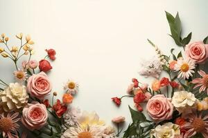 Beautiful floral frame on white background, flat lay. Space for text photo