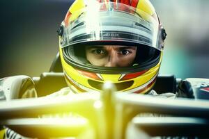 Closeup of a young male car racer in a red helmet driving a race car. photo