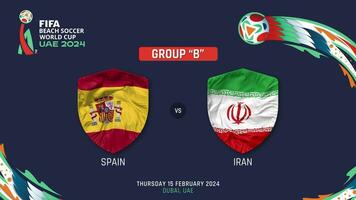 Spanien mot iran match 2024 fifa strand fotboll värld kopp i uae schema, intro video, 3d tolkning video
