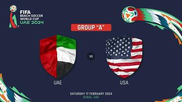 Verenigde Arabisch emiraten vs Verenigde staat bij elkaar passen 2024 fifa strand voetbal wereld kop in uae schema, intro video, 3d renderen video