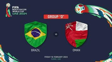 Brazilië vs Oman bij elkaar passen 2024 fifa strand voetbal wereld kop in uae schema, intro video, 3d renderen video