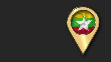 Myanmar, Burma Gold Location Icon Flag Seamless Looped Waving, Space on Left Side for Design or Information, 3D Rendering video