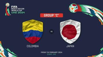 Colombia vs Japón partido 2024 fifa playa fútbol mundo taza en uae cronograma, introducción video, 3d representación video