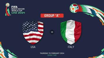 Verenigde staat vs Italië bij elkaar passen 2024 fifa strand voetbal wereld kop in uae schema, intro video, 3d renderen video