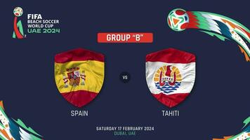 España vs Tahití partido 2024 fifa playa fútbol mundo taza en uae cronograma, introducción video, 3d representación video