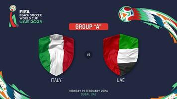 Italien vs. vereinigt arabisch Emirate Spiel 2024 fifa Strand Fußball Welt Tasse im VAE Zeitplan, Intro Video, 3d Rendern video