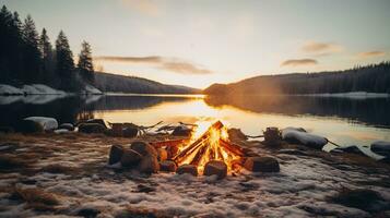 AI generated Generative AI, Burning bonfire, beautiful winter landscape, camping outdoor concept in neutral muted colors, tourist camp photo