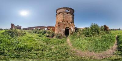 full seamless spherical hdri 360 panorama inside ruined tower and abandoned outbuildings in equirectangular projection with zenith and nadir, ready for  VR virtual reality content photo