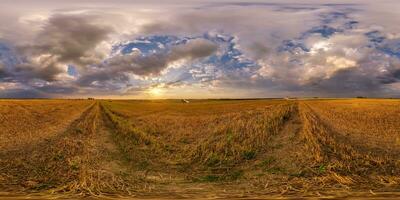 spherical 360 hdri panorama among farming field with clouds on evening blue sky in twilight before sunset in equirectangular seamless projection, as sky dome replacement in drone panoramas photo
