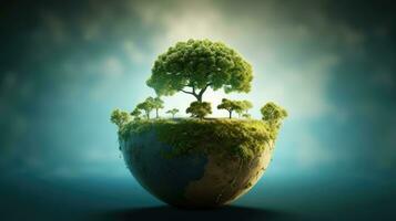 Eco concept with green planet and trees, world ozone day photo