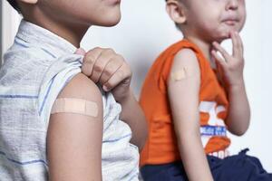 Two boys showing their arm with adhesive bandage plaster after vaccination. Injection covid vaccine, immunization for family photo