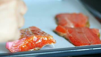 preparing salmon fish for baking in electric oven at home video