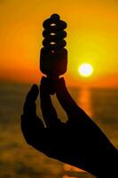 a person holding up a light bulb in front of the sunset photo