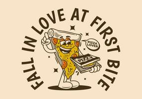 Fall in love at first bite. Character of pizza holding a box pizza vector