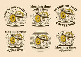 Morning time, coffee time. Mascot character of coffee cup, alarm clock and a sun vector