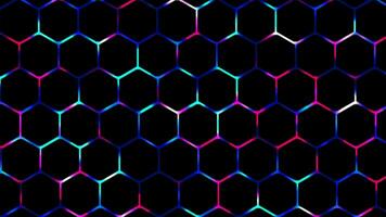 Colorful 2D glowing digital technology hexagonal mesh background, glowing neon light gaming background video