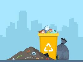 Overflowing trash can. Food garbage in waste bin with nasty smell. Rubbish dump and trash recycling, black bags with trash. City on background. Vector illustration.