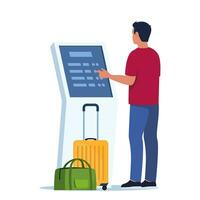 Man self check in at automatic machine in airport terminal. Buying ticket using interactive terminal. Vector illustration.