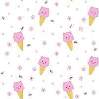 Seamless pattern of cute kawaii style ice cream. Ice cream, flowers and leaves vector