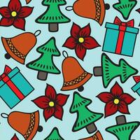 Happy new yea, Merry Christmas Seamless pattern Vector illustration Christmas tree, gifts, bell and flowers. Doodle style