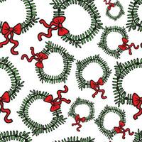 Green Christmas wreath with black outline on white background. Seamless pattern, Christmas concept. vector