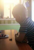 A little boy eating strawberries. Summer food. A young kid eats a yummy strawberry in hot summer day photo