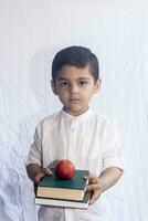 espalda a colegio concepto. linda medio oriental chico participación un apilar de libros en contra el blanco antecedentes. retrato de central asiático niño preparando a Vamos a colegio foto