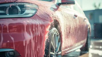 ai generado generativo ai, coche lavar con espuma jabón, alto presión vehículo lavadora máquina aerosoles espuma, yo Servicio foto