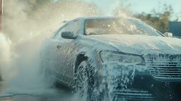 ai generado generativo ai, coche lavar con espuma jabón, alto presión vehículo lavadora máquina aerosoles espuma, yo Servicio foto