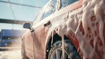 ai generado generativo ai, coche lavar con espuma jabón, alto presión vehículo lavadora máquina aerosoles espuma, yo Servicio foto