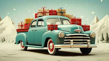 AI generated Generative AI, vintage Christmas car with many gifts, blue and red colors. Greeting xmas card, winter holidays photo