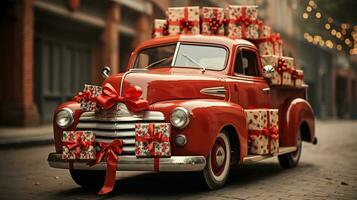 AI generated Generative AI, vintage Christmas car with many gifts, blue and red colors. Greeting xmas card, winter holidays photo