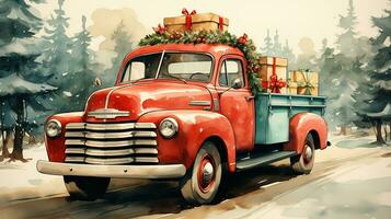 AI generated Generative AI, vintage Christmas car with many gifts, blue and red colors. Greeting xmas card, winter holidays photo