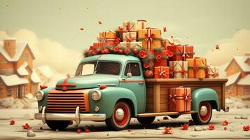 AI generated Generative AI, vintage Christmas car with many gifts, blue and red colors. Greeting xmas card, winter holidays photo