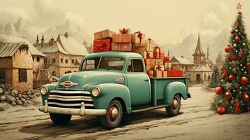 AI generated Generative AI, vintage Christmas car with many gifts, blue and red colors. Greeting xmas card, winter holidays photo