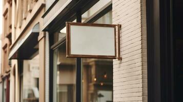 AI generated Generative AI, coffee shop street signboard mock up for logo design, brand presentation, aesthetic muted neutral colors, on the wall outdoor photo