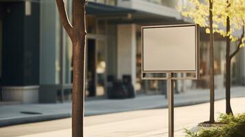 AI generated Generative AI, coffee shop street signboard mock up for logo design, brand presentation, aesthetic muted neutral colors, on the wall outdoor photo