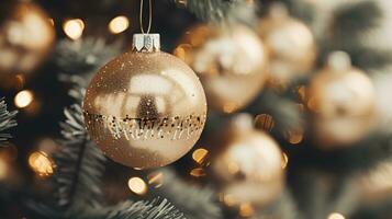 AI generated Generative AI, Christmas tree with balls, blurred background, holiday decoration photo